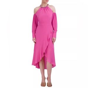 BCBGMAXAZRIA Pink Asymmetric Cut-Out Midi-Dress w/ Chain Collar